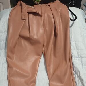 Spring Color Forever 21 Beige Faux Leather Trousers, With Zippper & Pockets New